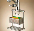 Hanging stainless steel faucet sink rack with a drain tray for sponges and soap