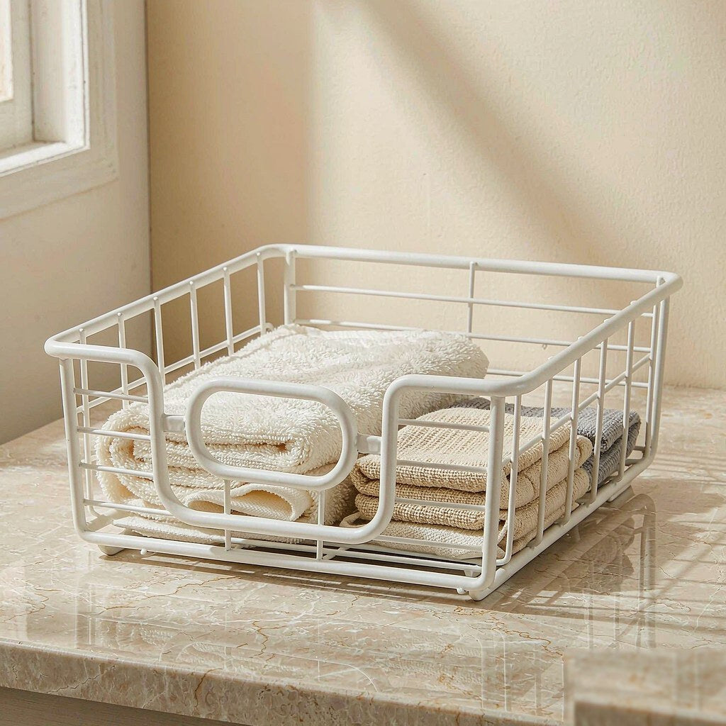 Stackable white wire fridge organizer bin holding folded linens