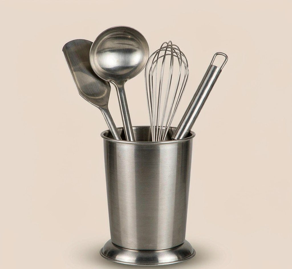 Rust-resistant stainless steel utensil holder crock for spatulas, spoons and ladles