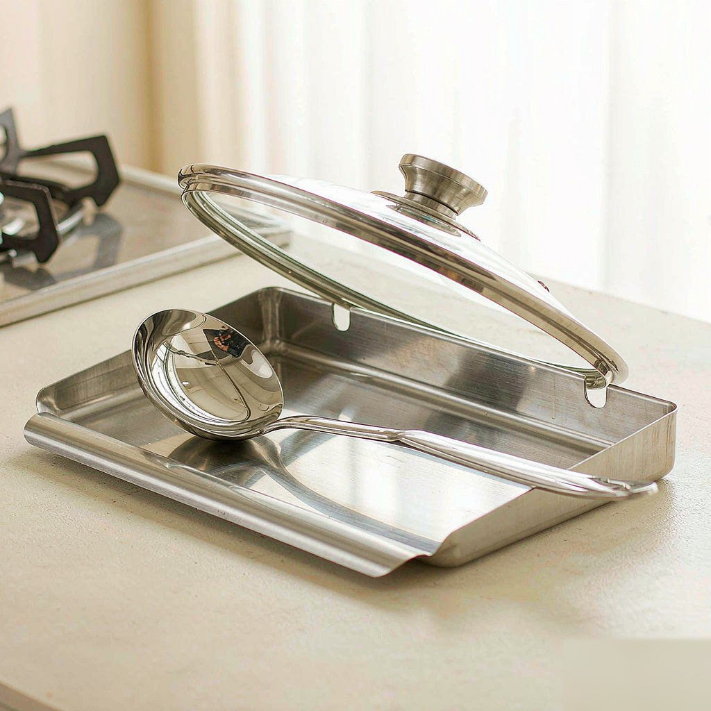 Stainless steel spoon and pot lid rest for the stove top