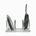 Expandable pot lid and pan organizer rack for upright cabinet storage