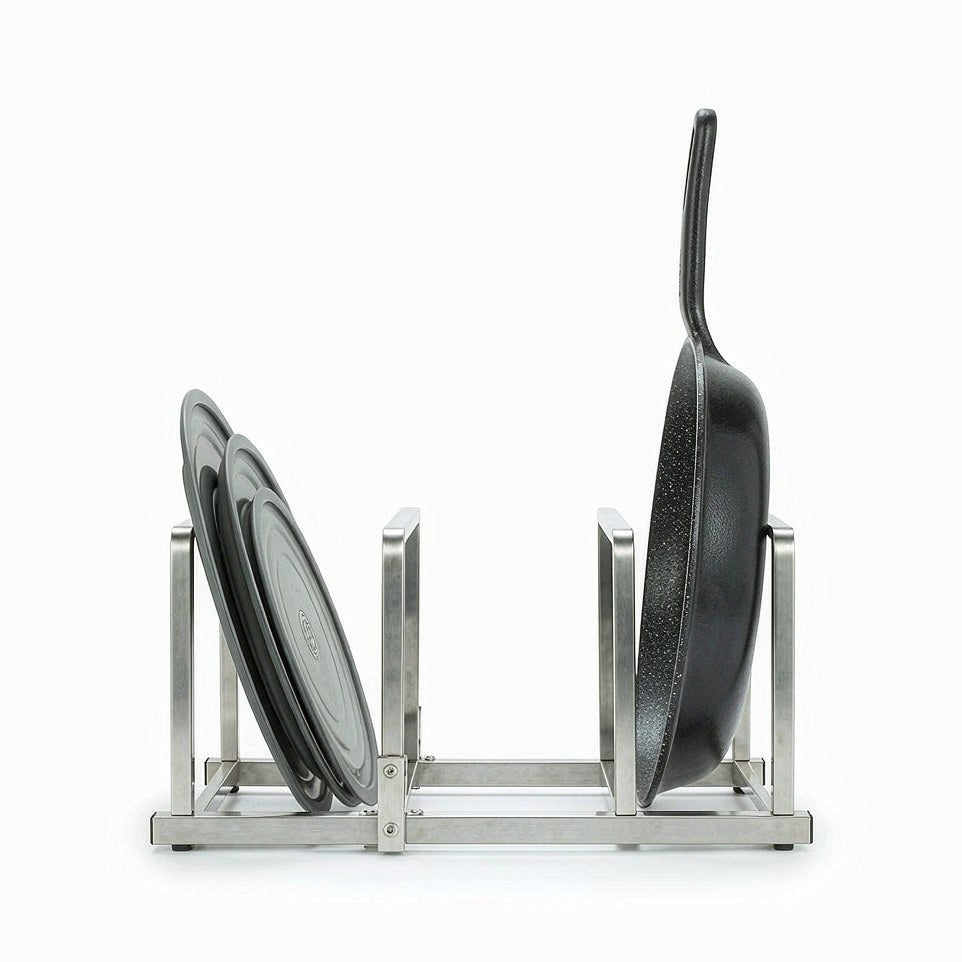 Expandable pot lid and pan organizer rack for upright cabinet storage