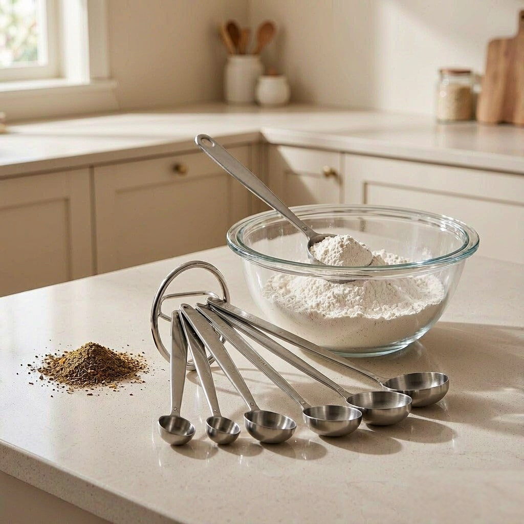 Magnetic measuring spoons in use beside flour and spices on a kitchen counter