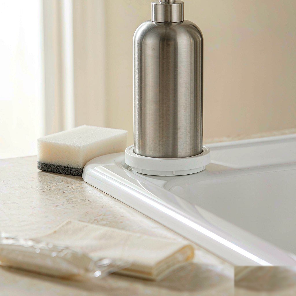 Brushed nickel dish soap dispenser pump bottle beside a kitchen sink