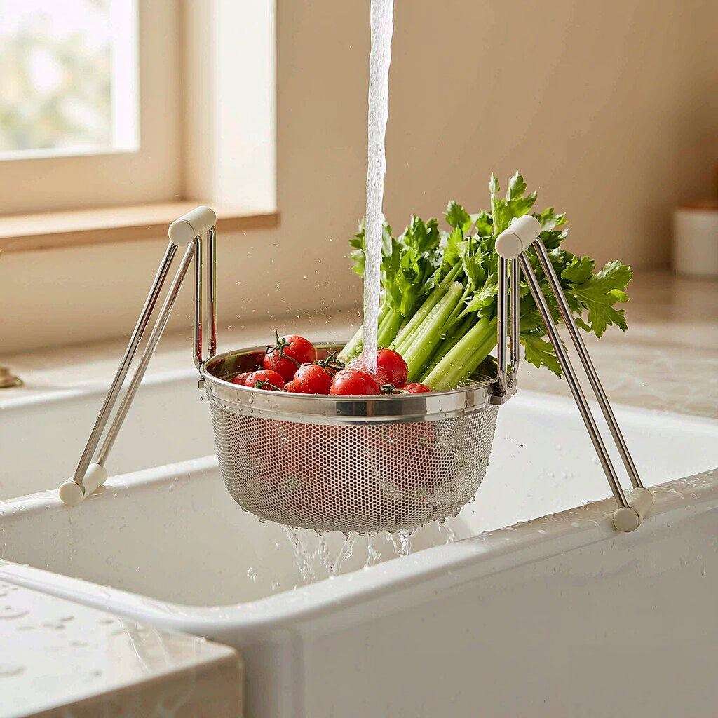 Over-the-sink colander rinsing tomatoes and celery at a farmhouse sink