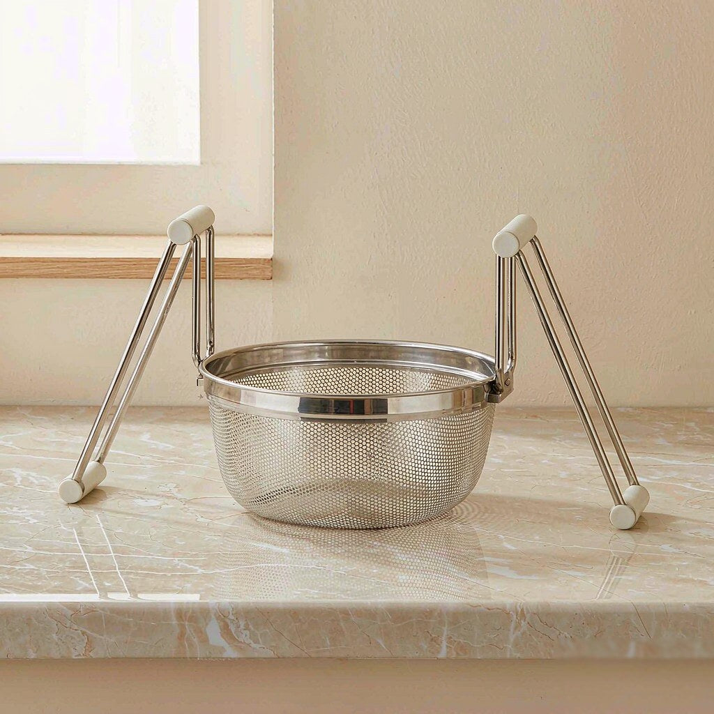 Expandable stainless steel over-the-sink colander strainer basket on a countertop