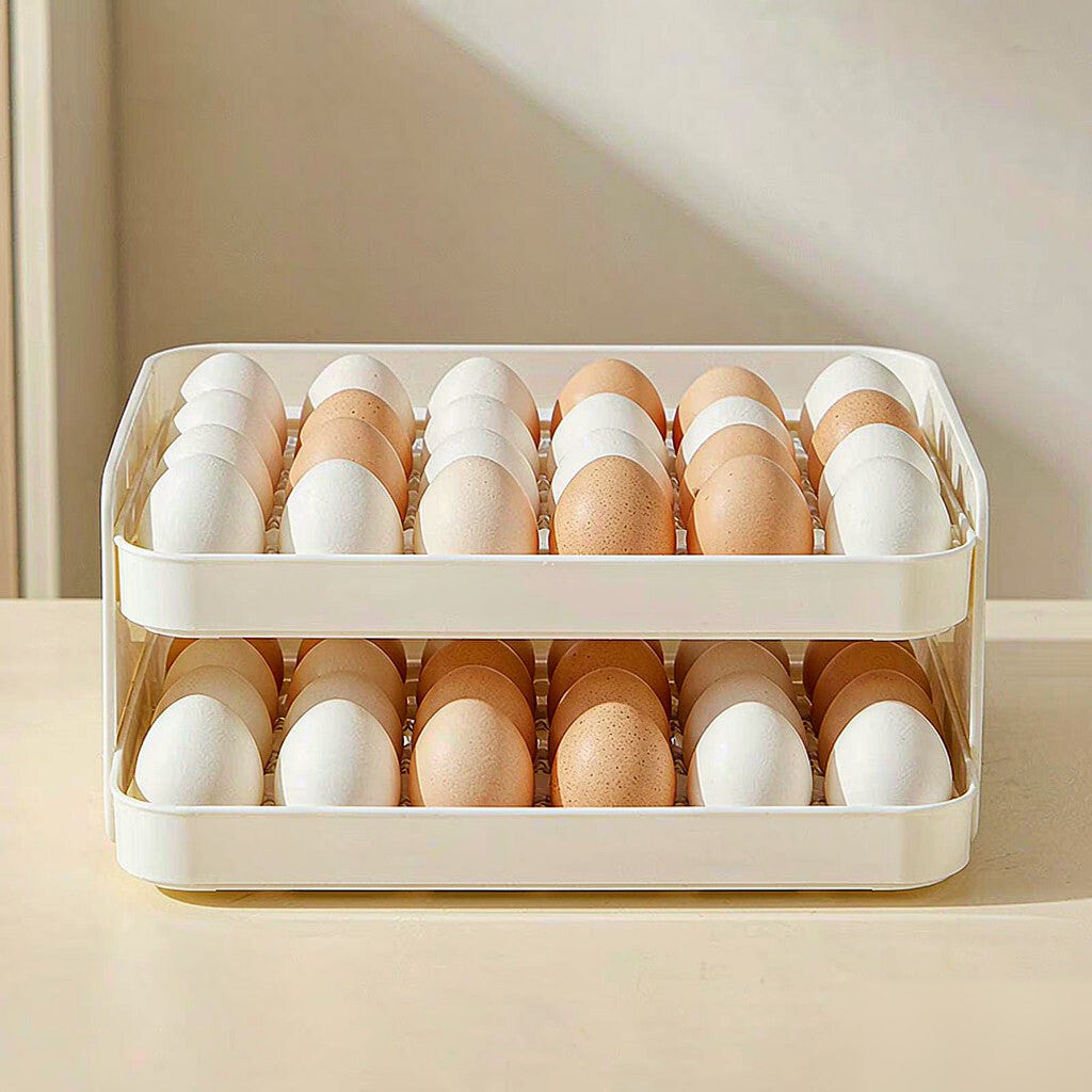 Stackable rolling egg organizer drawer that holds 30 eggs in the fridge
