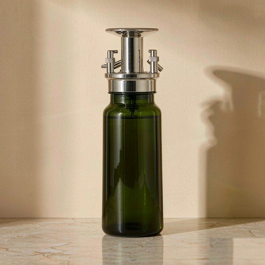 Dark green glass 2-in-1 olive oil dispenser with a spray nozzle and pour spout