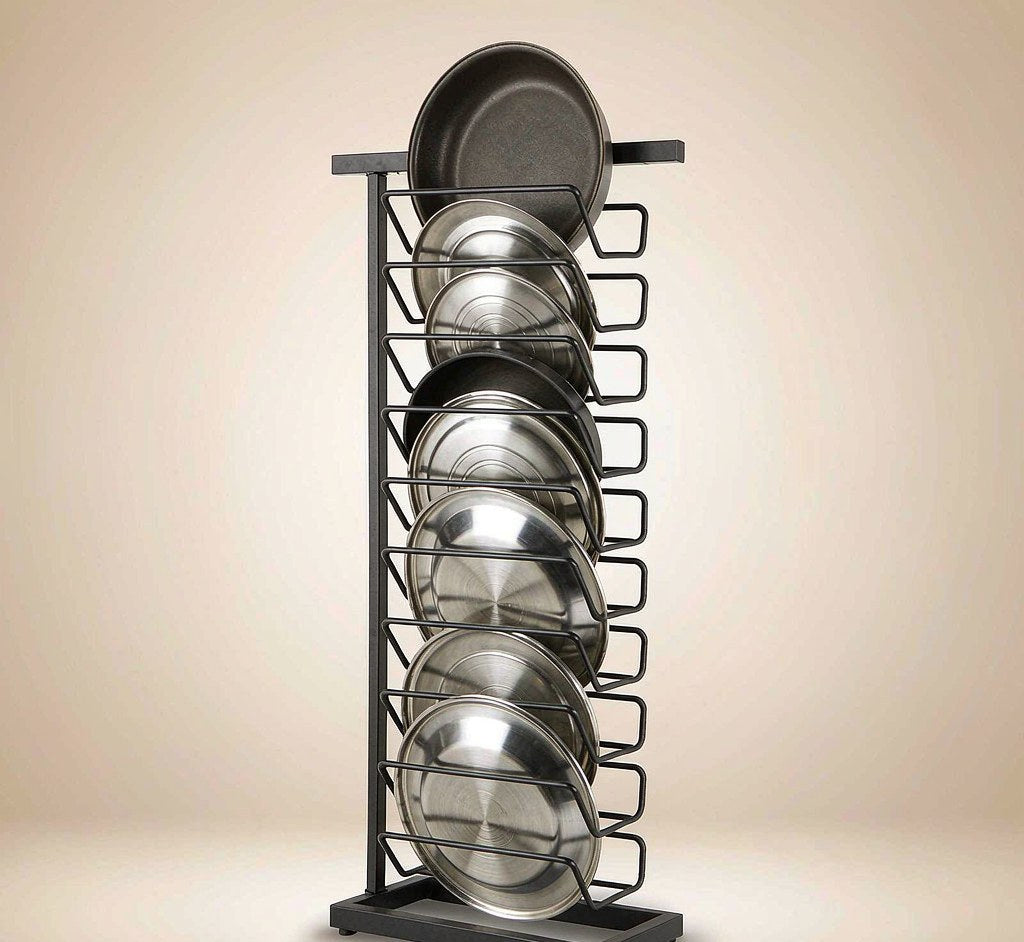 Expandable pot and pan organizer rack with adjustable dividers for cabinets